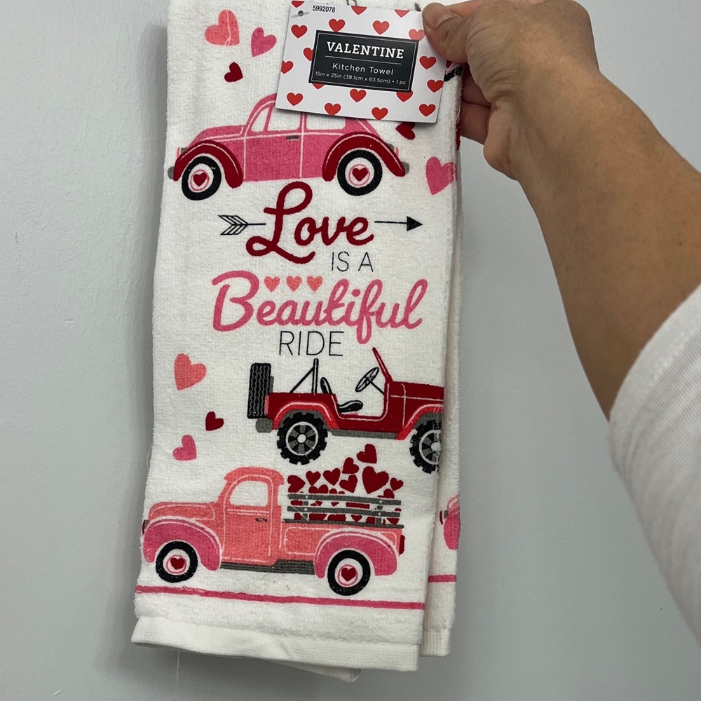 Valentine Kitchen Towel with Red Cars and Hearts